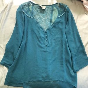 UO Sheer Blue Green Blouse with Lace Detail